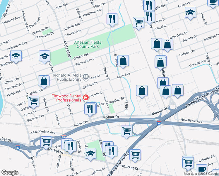 map of restaurants, bars, coffee shops, grocery stores, and more near 51A Spruce Street in Elmwood Park