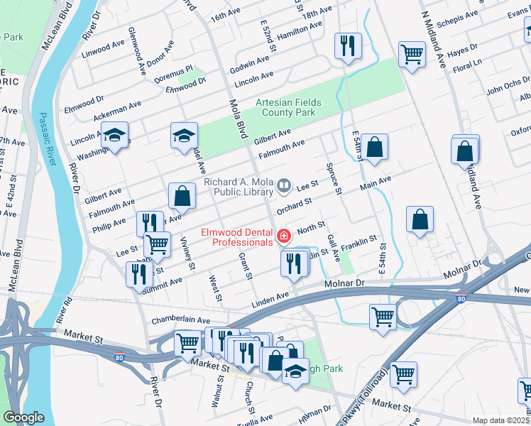 map of restaurants, bars, coffee shops, grocery stores, and more near 205 Orchard Street in Elmwood Park