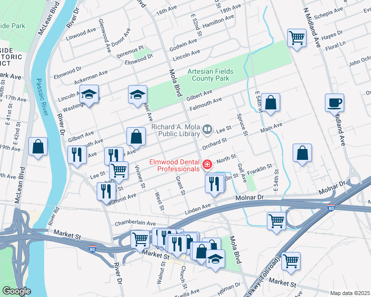 map of restaurants, bars, coffee shops, grocery stores, and more near 173 Lee Street in Elmwood Park