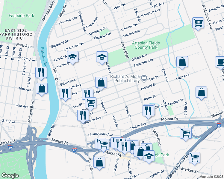 map of restaurants, bars, coffee shops, grocery stores, and more near 119 Miller Avenue in Elmwood Park