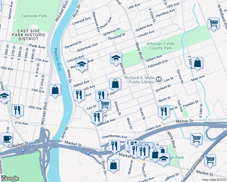 map of restaurants, bars, coffee shops, grocery stores, and more near 102 Philip Avenue in Elmwood Park
