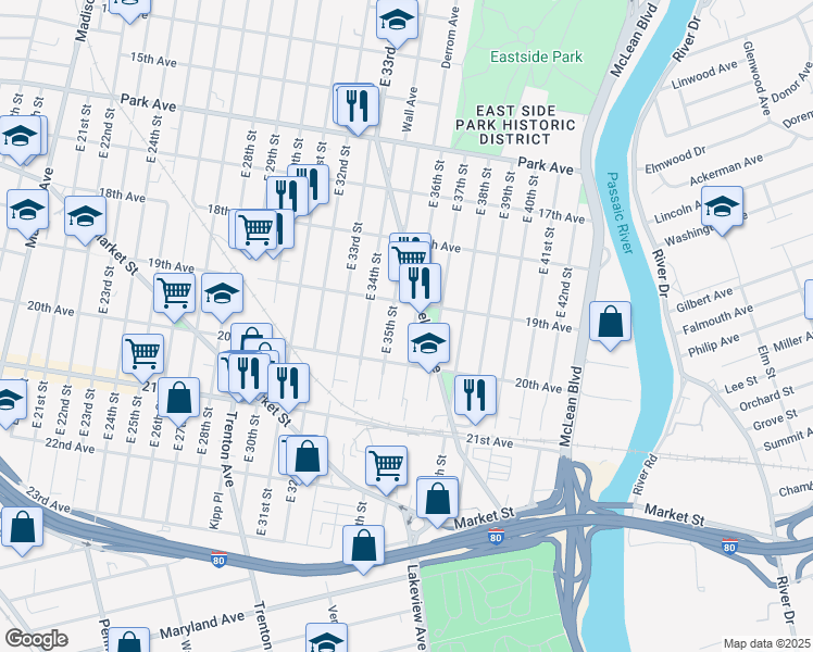 map of restaurants, bars, coffee shops, grocery stores, and more near 439 East 35th Street in Paterson