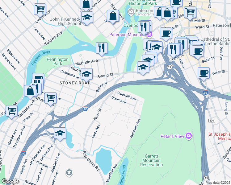 map of restaurants, bars, coffee shops, grocery stores, and more near 116 Turner Street in Paterson