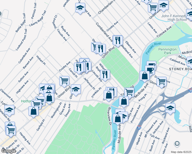 map of restaurants, bars, coffee shops, grocery stores, and more near 140 Lincoln Avenue in Hawthorne