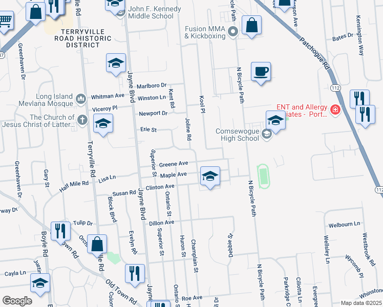 map of restaurants, bars, coffee shops, grocery stores, and more near 28 Erie Street in Port Jefferson Station