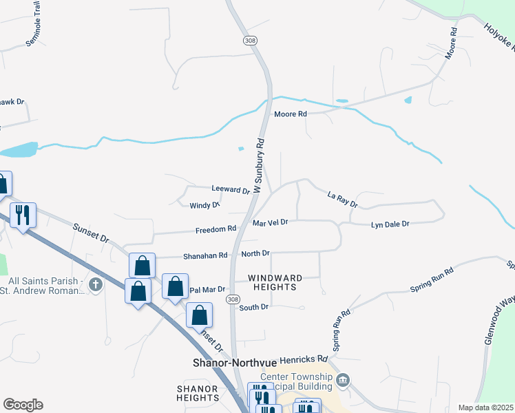 map of restaurants, bars, coffee shops, grocery stores, and more near 105 La Ray Drive in Butler
