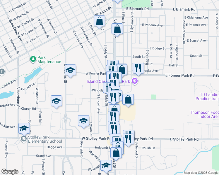 map of restaurants, bars, coffee shops, grocery stores, and more near 1300 South Locust Street in Grand Island