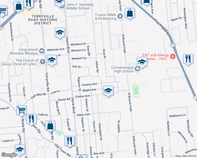 map of restaurants, bars, coffee shops, grocery stores, and more near 28 Erie Street in Port Jefferson Station