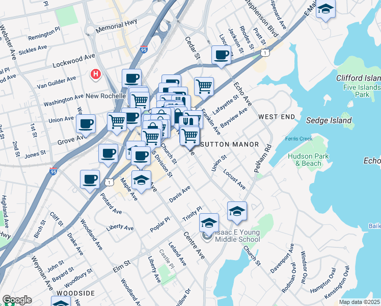 map of restaurants, bars, coffee shops, grocery stores, and more near 134 North Avenue in New Rochelle