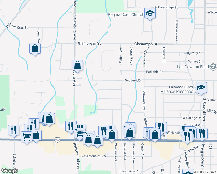 map of restaurants, bars, coffee shops, grocery stores, and more near 1585 Raywood Road in Alliance