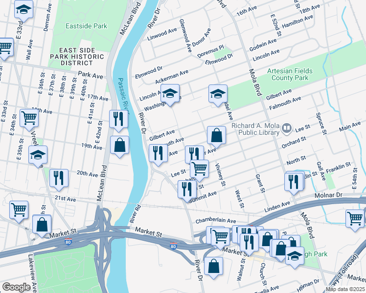 map of restaurants, bars, coffee shops, grocery stores, and more near 44 Falmouth Avenue in Elmwood Park