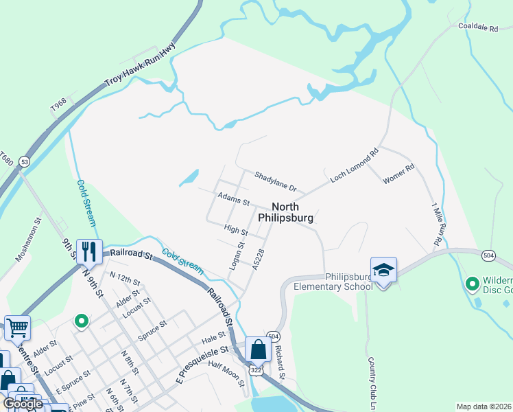 map of restaurants, bars, coffee shops, grocery stores, and more near 300 Adams Street in Philipsburg