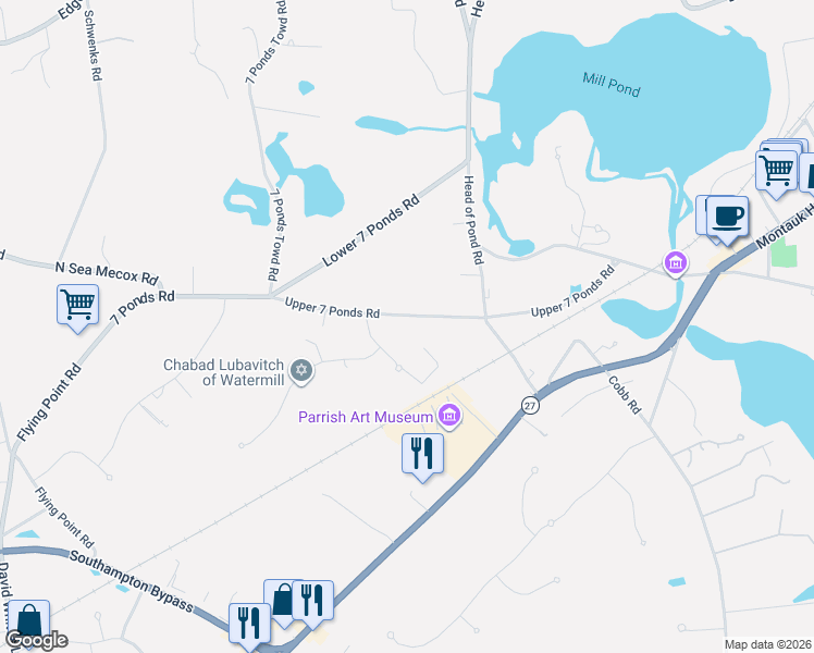 map of restaurants, bars, coffee shops, grocery stores, and more near 136 Upper 7 Ponds Road in Water Mill