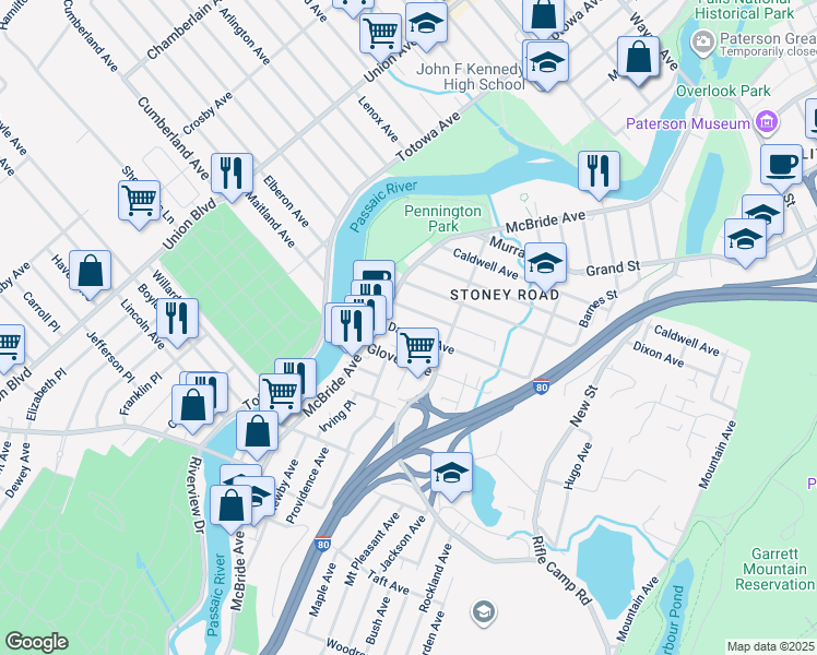 map of restaurants, bars, coffee shops, grocery stores, and more near 45 Danforth Avenue in Paterson