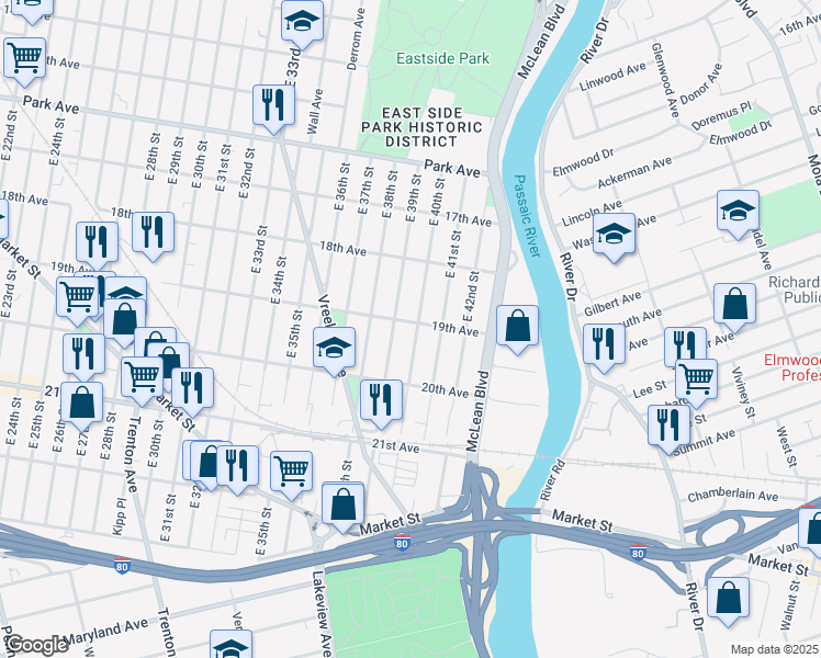 map of restaurants, bars, coffee shops, grocery stores, and more near 400 19th Avenue in Paterson