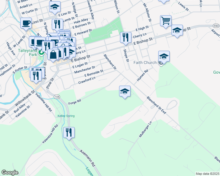 map of restaurants, bars, coffee shops, grocery stores, and more near 242 Forge Road in Bellefonte