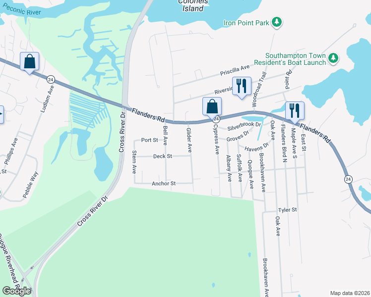 map of restaurants, bars, coffee shops, grocery stores, and more near 47 Glider Avenue in Riverhead