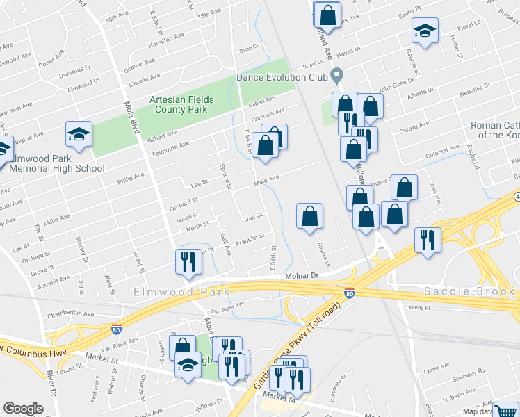map of restaurants, bars, coffee shops, grocery stores, and more near 364 E 54th St in Elmwood Park