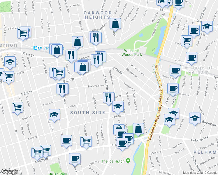 map of restaurants, bars, coffee shops, grocery stores, and more near 265 South Columbus Avenue in Mount Vernon