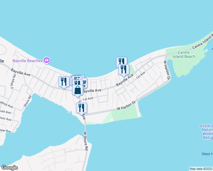 map of restaurants, bars, coffee shops, grocery stores, and more near 4 Ships Lane in Bayville
