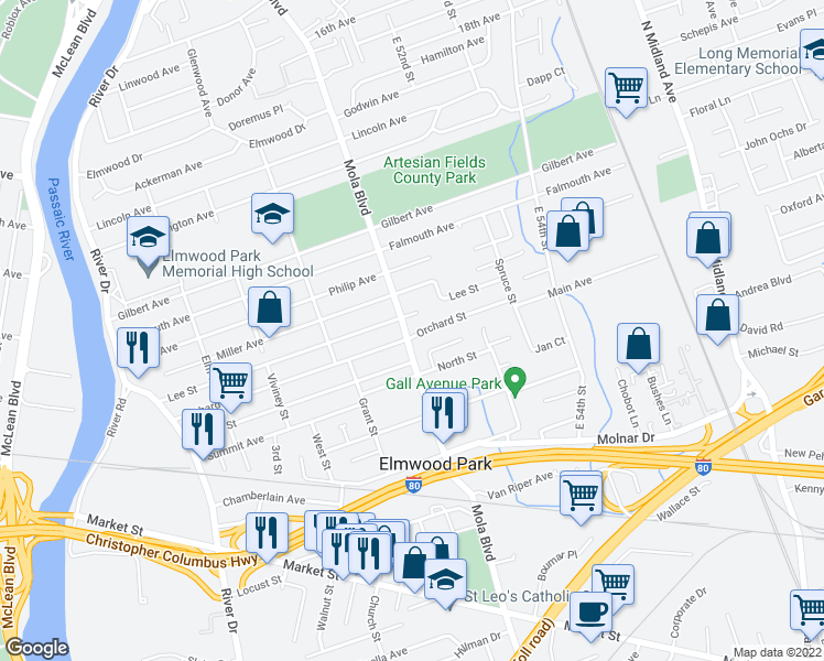 map of restaurants, bars, coffee shops, grocery stores, and more near 205 Orchard Street in Elmwood Park