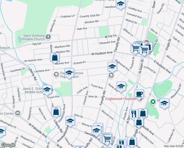 map of restaurants, bars, coffee shops, grocery stores, and more near 185 Saint Nicholas Avenue in Englewood