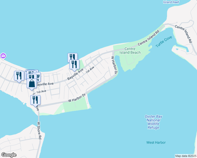 map of restaurants, bars, coffee shops, grocery stores, and more near 25 Hilary Drive in Bayville