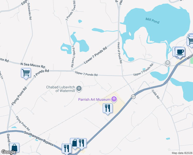 map of restaurants, bars, coffee shops, grocery stores, and more near 90 Upper 7 Ponds Road in Water Mill