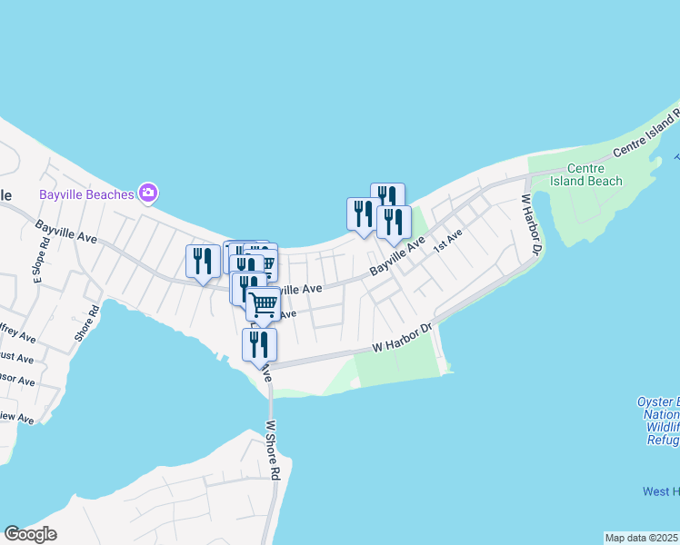 map of restaurants, bars, coffee shops, grocery stores, and more near 4 Ships Lane in Bayville