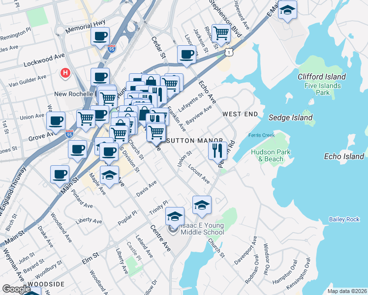 map of restaurants, bars, coffee shops, grocery stores, and more near 70 Locust Avenue in New Rochelle