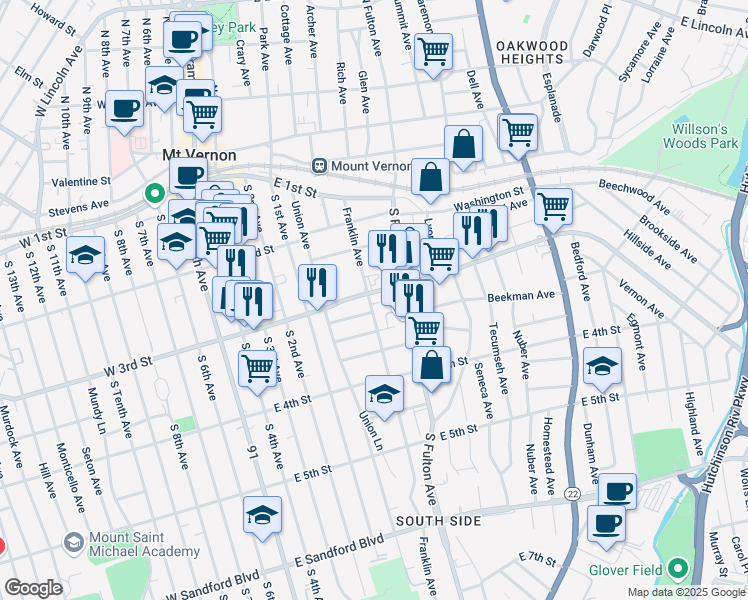 map of restaurants, bars, coffee shops, grocery stores, and more near in Mount Vernon