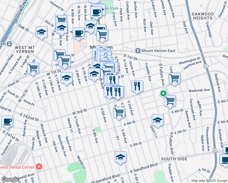 map of restaurants, bars, coffee shops, grocery stores, and more near 130 South 4th Avenue in Mount Vernon