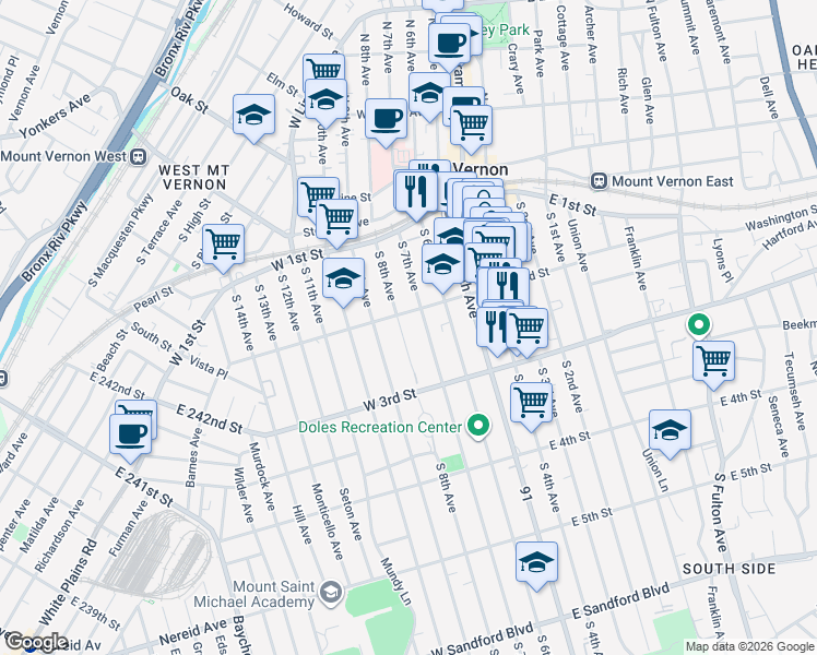 map of restaurants, bars, coffee shops, grocery stores, and more near 125 South 7th Avenue in Mount Vernon
