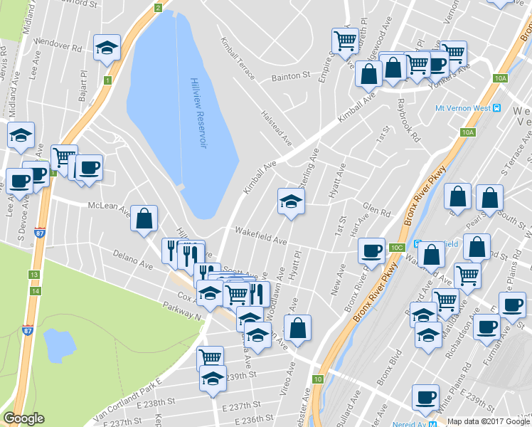 map of restaurants, bars, coffee shops, grocery stores, and more near 127 Glover Avenue in Yonkers