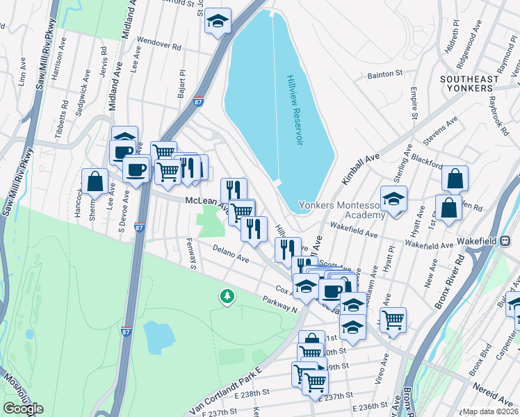 map of restaurants, bars, coffee shops, grocery stores, and more near 91 Hillview Avenue in Yonkers