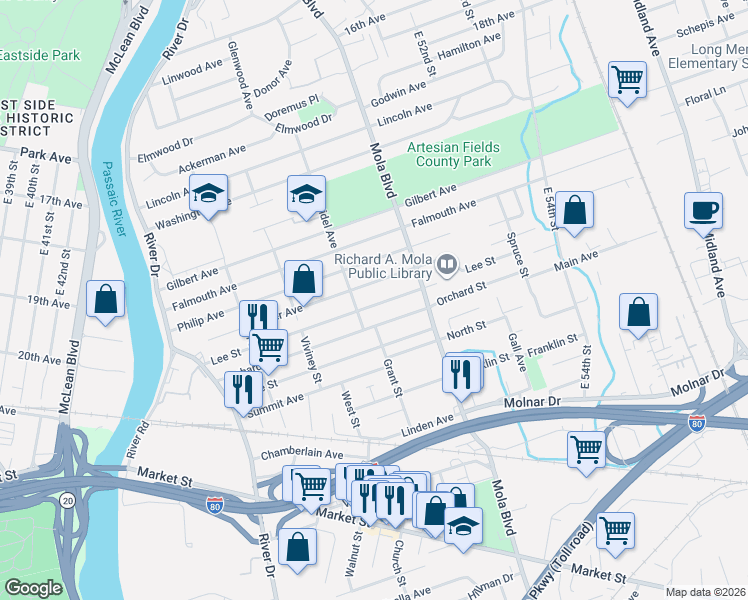 map of restaurants, bars, coffee shops, grocery stores, and more near 144 Miller Avenue in Elmwood Park