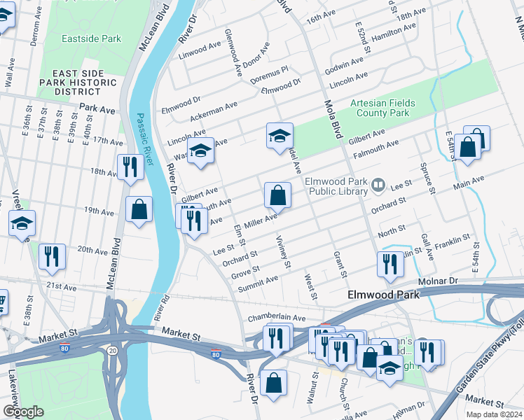 map of restaurants, bars, coffee shops, grocery stores, and more near 102 Philip Avenue in Elmwood Park