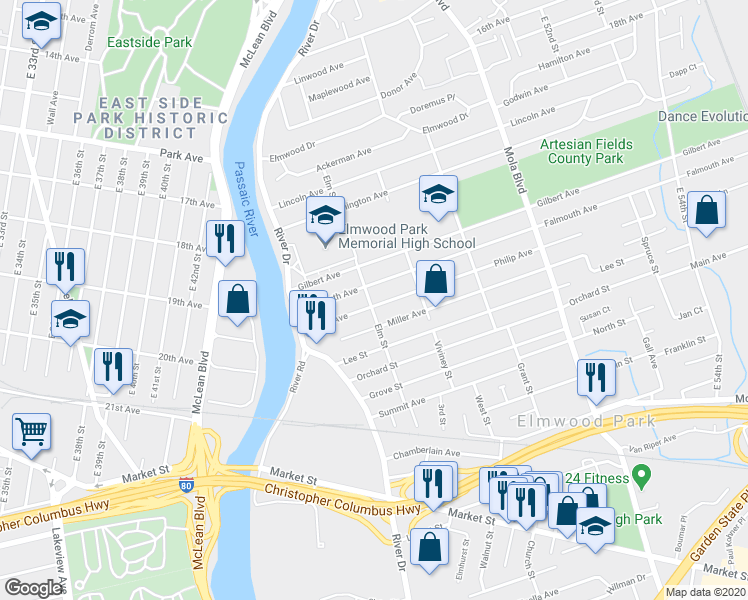 map of restaurants, bars, coffee shops, grocery stores, and more near 73 East Phillip Avenue in Elmwood Park