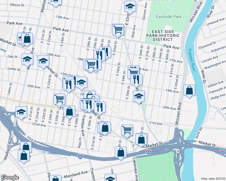 map of restaurants, bars, coffee shops, grocery stores, and more near 498 East 32nd Street in Paterson