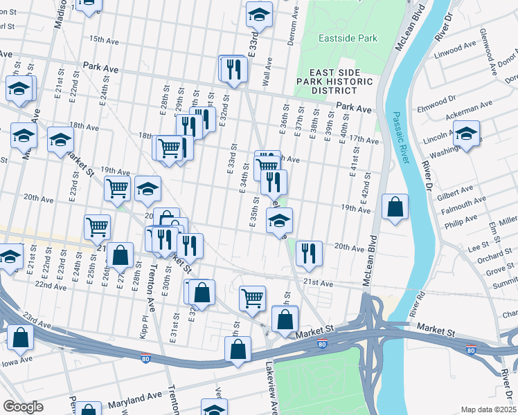 map of restaurants, bars, coffee shops, grocery stores, and more near 439 East 35th Street in Paterson