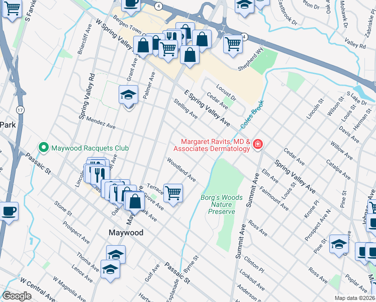 map of restaurants, bars, coffee shops, grocery stores, and more near 65 Lafayette Avenue in Maywood
