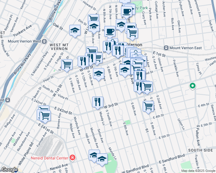 map of restaurants, bars, coffee shops, grocery stores, and more near 116 West 2nd Street in Mount Vernon