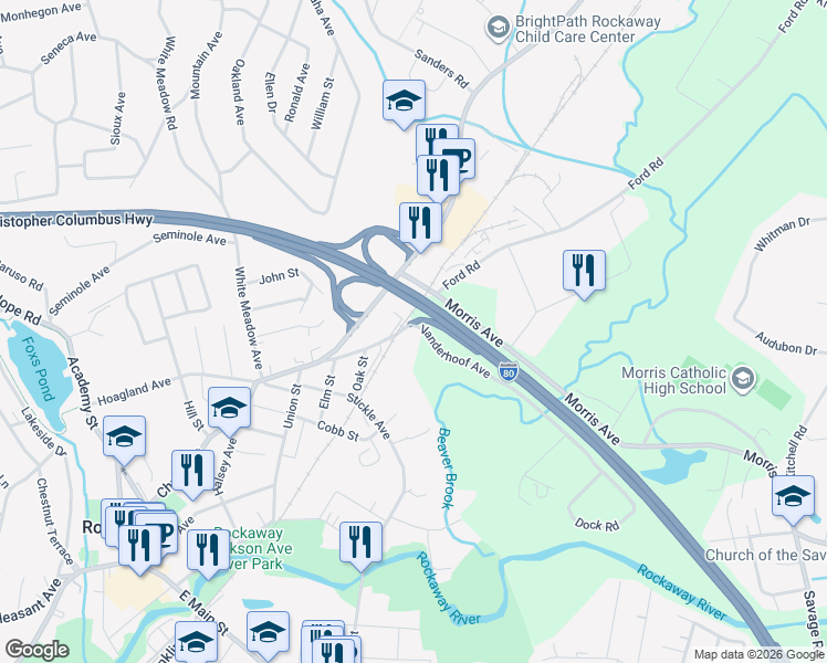 map of restaurants, bars, coffee shops, grocery stores, and more near Vanderhoof Avenue in Rockaway