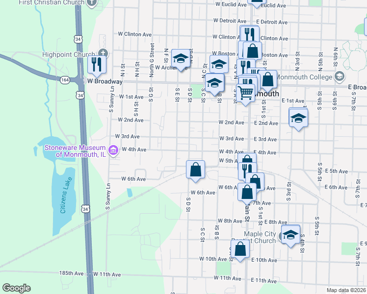 map of restaurants, bars, coffee shops, grocery stores, and more near 315 South D Street in Monmouth