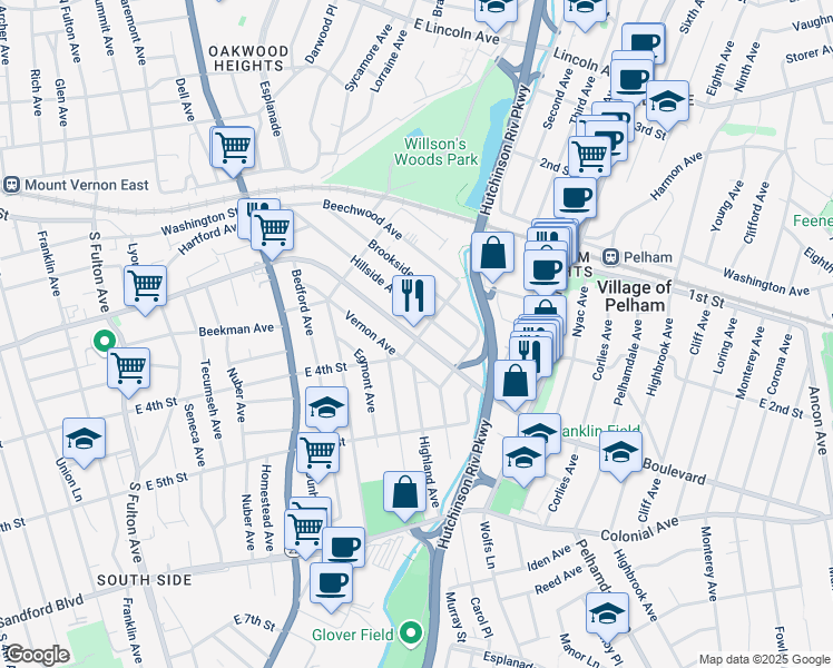 map of restaurants, bars, coffee shops, grocery stores, and more near 543 Martin Luther King Boulevard in Mount Vernon