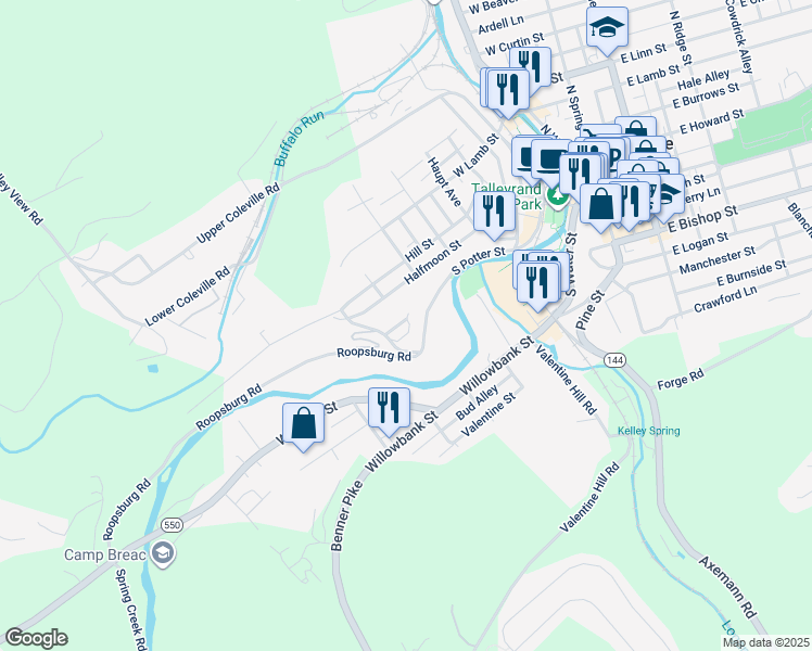 map of restaurants, bars, coffee shops, grocery stores, and more near 624 Fairview Street in Bellefonte