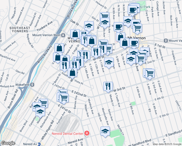 map of restaurants, bars, coffee shops, grocery stores, and more near 40 South 13th Avenue in Mount Vernon