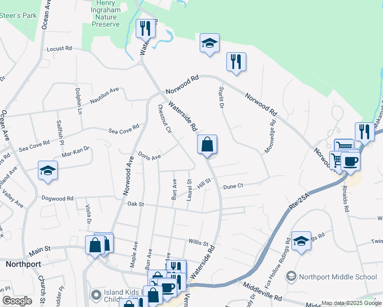 map of restaurants, bars, coffee shops, grocery stores, and more near 90 Chestnut Circle in Northport