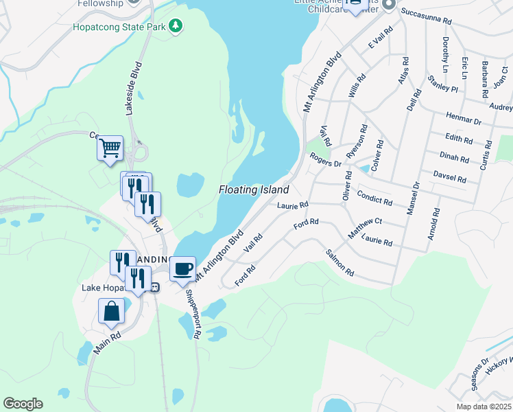 map of restaurants, bars, coffee shops, grocery stores, and more near 159 Mount Arlington Boulevard in Roxbury Township