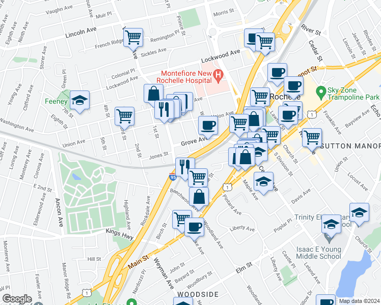 map of restaurants, bars, coffee shops, grocery stores, and more near 1 Charles Street in New Rochelle
